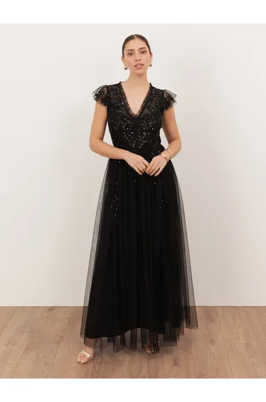 Maya Black Embellished Tulle Maxi Dress with Open Back