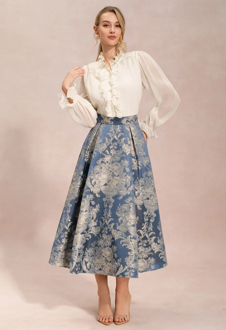 Vintage Damask Jacquard A-Line Maxi Skirt for Concerts & Theater Nights