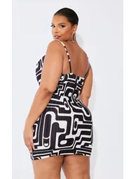 Plus Black Printed Plisse Cowl Neck Bodycon Dress - 1