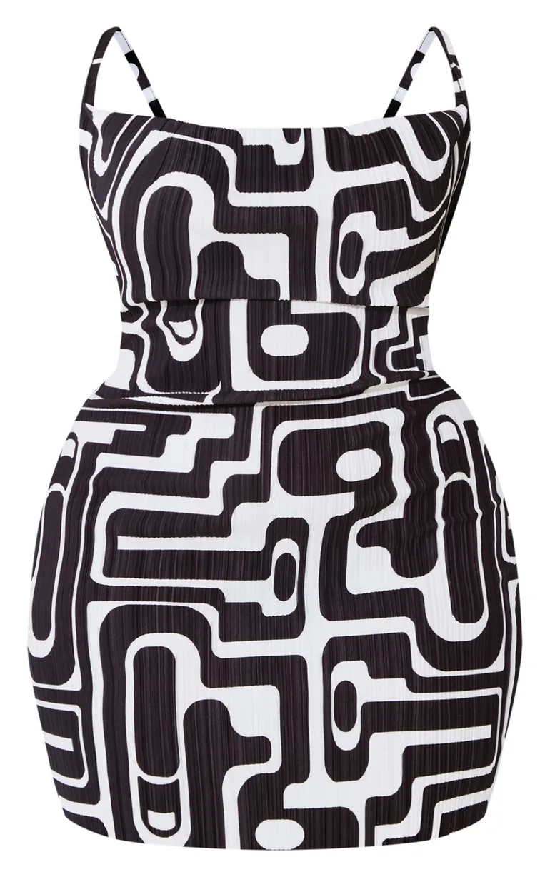 Plus Black Printed Plisse Cowl Neck Bodycon Dress - 4