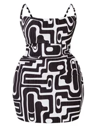 Plus Black Printed Plisse Cowl Neck Bodycon Dress - 4