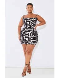 Plus Black Printed Plisse Cowl Neck Bodycon Dress