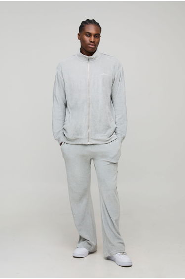 Oversized BM Signature Velour Zip Funnel Relaxed Flare Tracksuit - grey