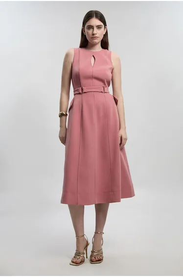 Compact Stretch Belted Seamed Full Skirted Midi Dress