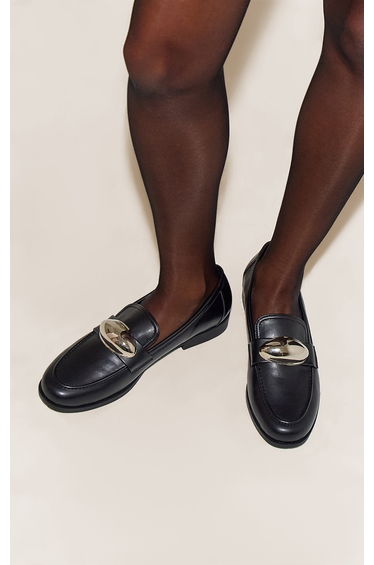 Black PU Gold Trim Square Toe Loafers
