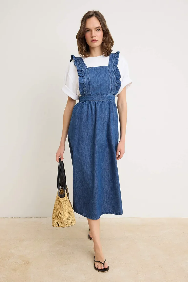 Blue Plain Maxi Ruffle Denim Dress