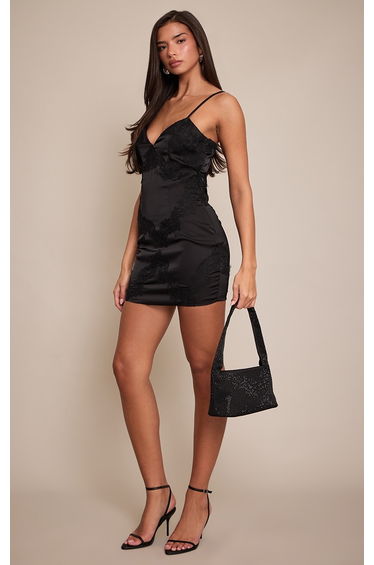 Black Satin V Neck Mini Dress