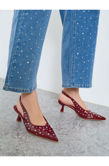 Burgundy Studded Slingback Kitten Heels Shoes