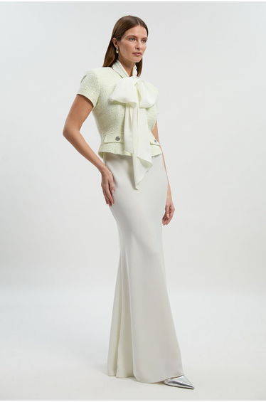 Boucle Tailored Tie Neck Satin Mix Dress