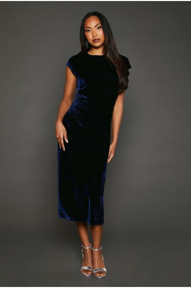 Velvet Ruched Waist Midaxi Dress - indigo