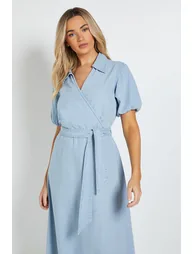 Volume Sleeve Wrap Midi Denim Dress - 1