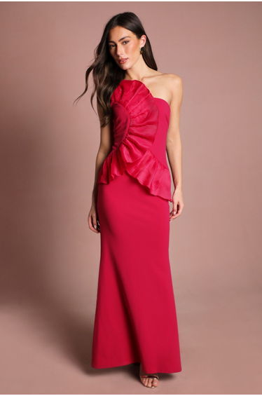 Pleated Front One Shoulder Gown
