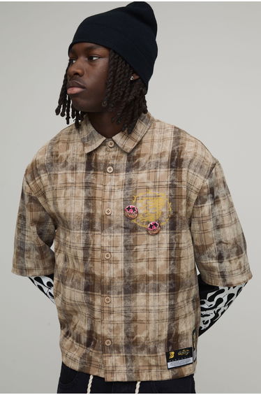 Oversized Boxy Distressed Check Faux Layer Shirt - brown