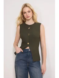 Khaki Accessory Buttoned Crew Neck Regular Length Vest Knitted Blouse - 1