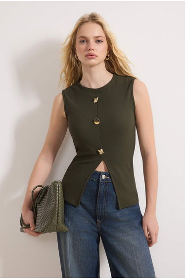 Khaki Accessory Buttoned Crew Neck Regular Length Vest Knitted Blouse