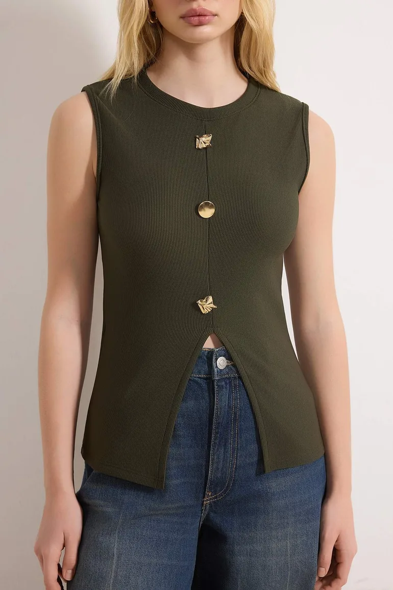 Khaki Accessory Buttoned Crew Neck Regular Length Vest Knitted Blouse - 2