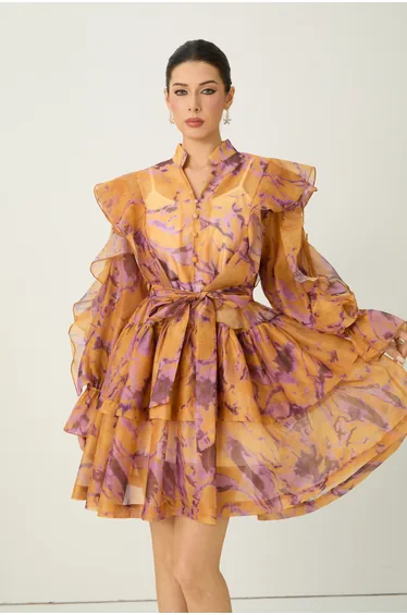 Want The Best Orange Abstract Print Ruffle Shoulder Mini Dress