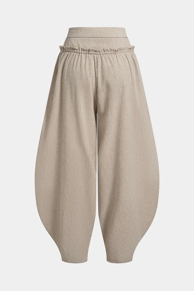 Linen Tie-Up Double Waistband Ruched Pants - 1