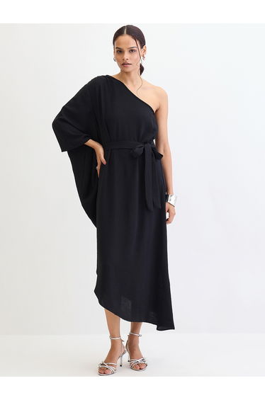 Black One Shoulder Asymmetric Midi Dress