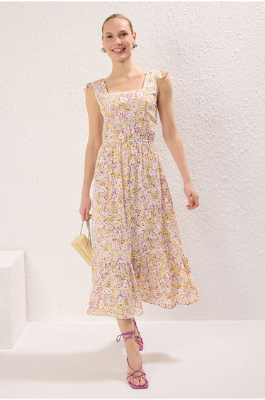 Yellow Floral Ruffle Midi Woven Dress