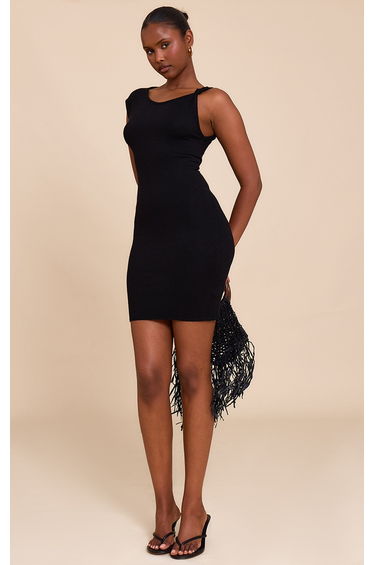 Black Knit Asymmetric Knot Detail Mini Dress