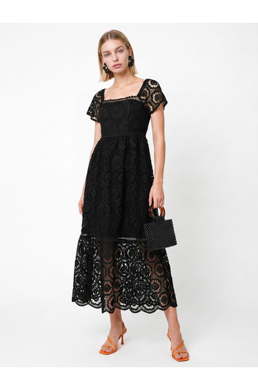 Lovedrobe Black Floral Lace Square Neck Short Sleeve Midaxi Dress