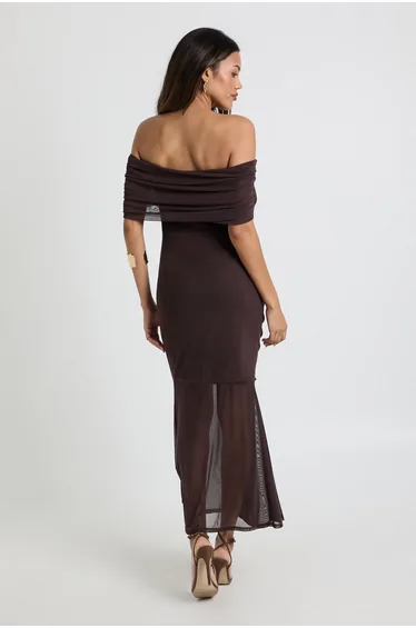فستان بوهو شيفون بني ماكسي بقصة ميرمايد بلا أكتاف