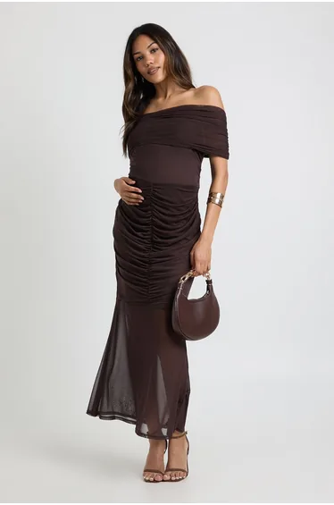 فستان بوهو شيفون بني ماكسي بقصة ميرمايد بلا أكتاف