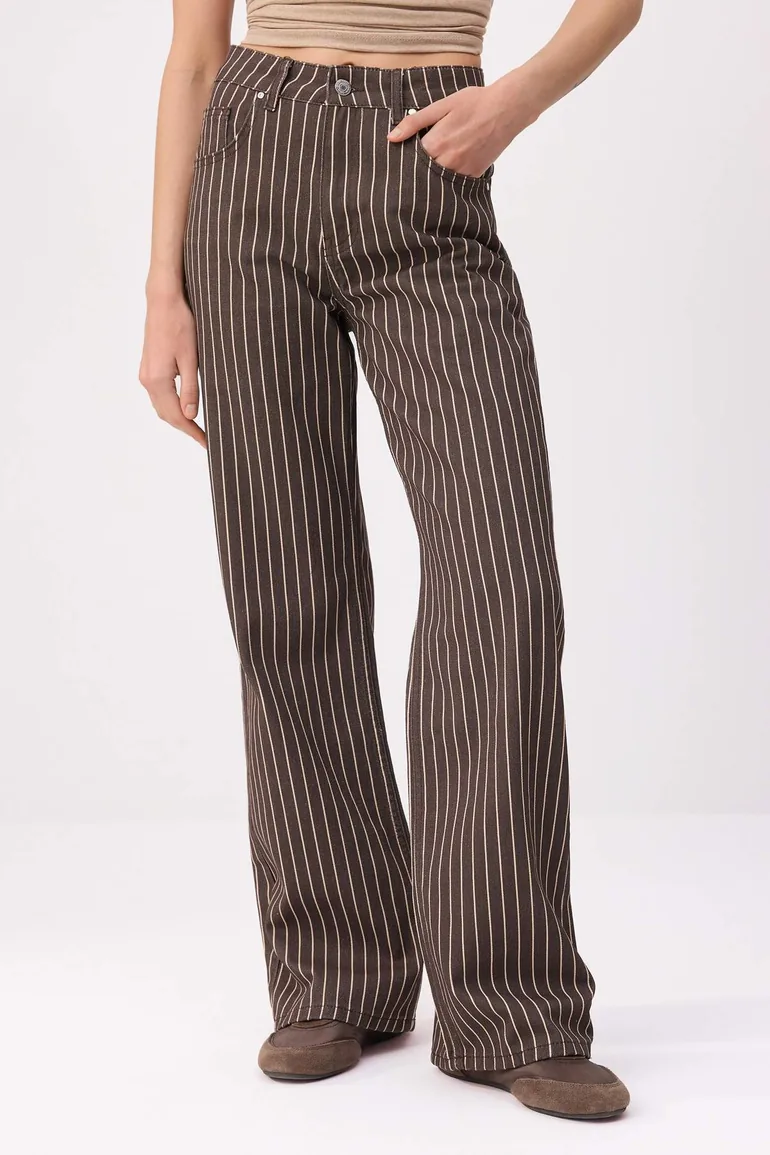 Brown Striped High Waist 100% Cotton Wide Leg Jeans - 2