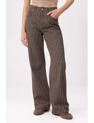 Brown Striped High Waist 100% Cotton Wide Leg Jeans - 2