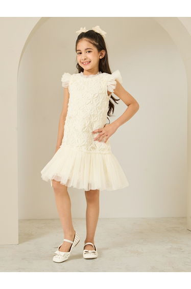 Girls Off-White Mesh Textured Dress