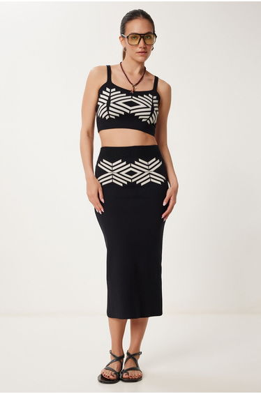 Women's Black Patterned Seasonal Knitwear Suit