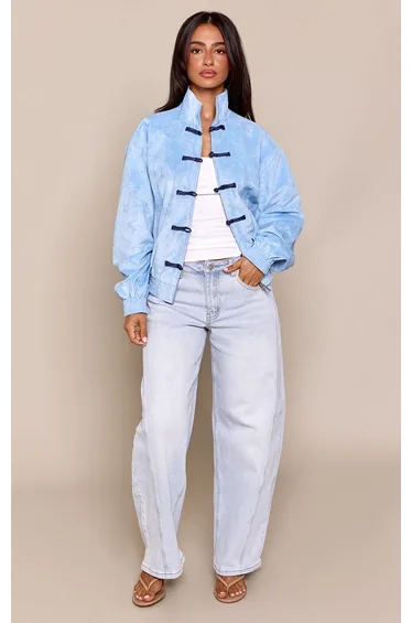 Petite Baby Blue Toggle Front Zip Up Funnel Neck Suede Bomber Jacket