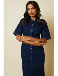 Half Placket Denim Shirt Dress - 1