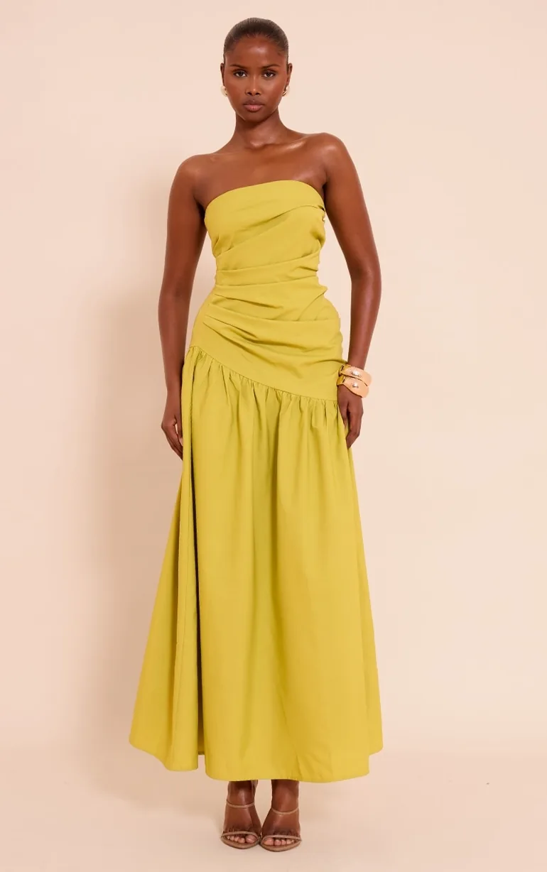chinese dress ladies Talisa Mocha Bandeau Ruched Maxi Dress With Mesh Fishtail – Club L London main image 0