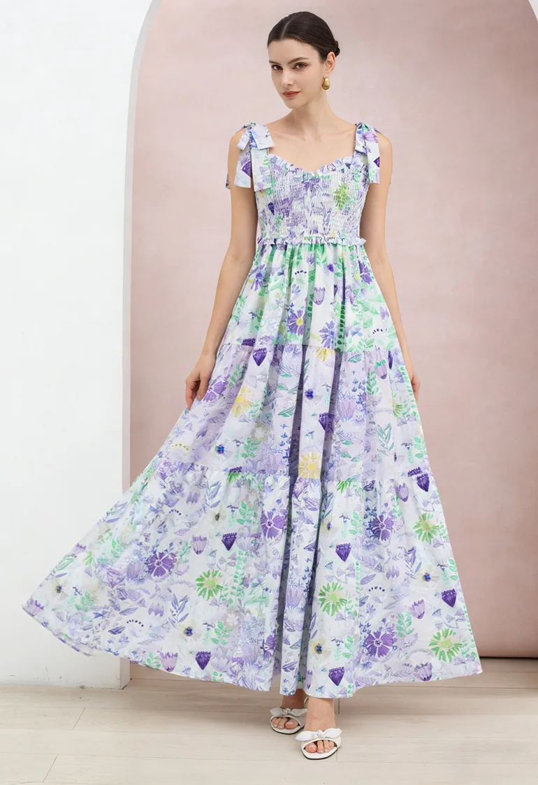 Fresh Floral Shirred Tie-Strap Maxi Dress in Purple for Beach Vacation & Garden Parties - 1