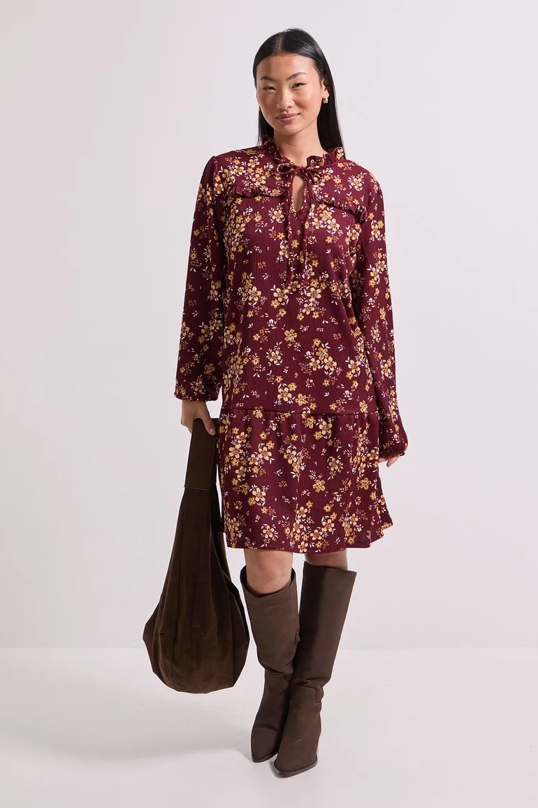 Petite Yellow Floral Tie Neck Tiered Smock Jersey Mini Dress