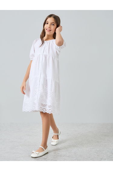Girls Off-White Embroidered A-Line Midi Dress