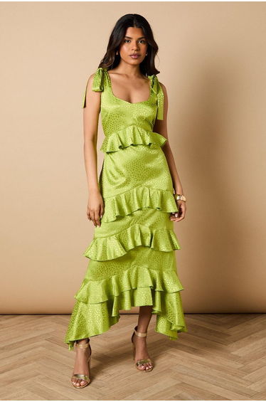 Petite Printed Satin Jacquard Tiered Midi Dress