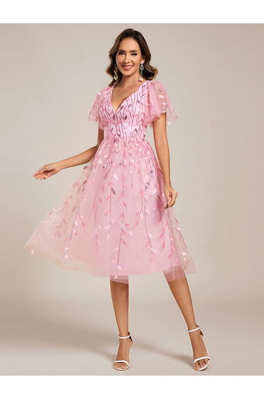 ever SIMONE|Short Sleeves Leaf Sequin A-Line Midi Formal Wedding Guest Dress