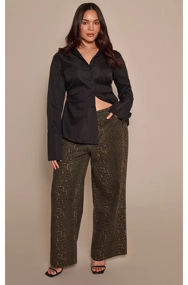 بنطلون جينز بخصر وسط بطبعة ليوبارد - للمقاسات الكبيرة