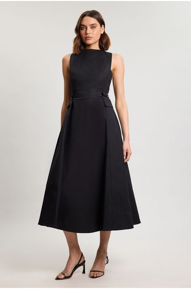 Premium Cotton Tailored Fabric Belted Buckle Midi Dress