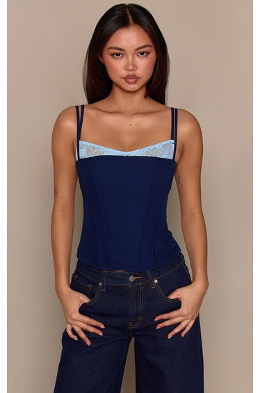 Navy Woven Contrast Lace Detail Strappy Corset