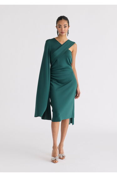 Asymmetric Draped Cape Sleeve Dress