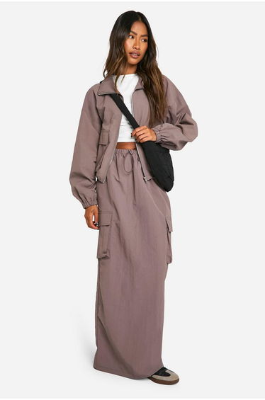 Nylon Cargo Maxi Skirt - mocha