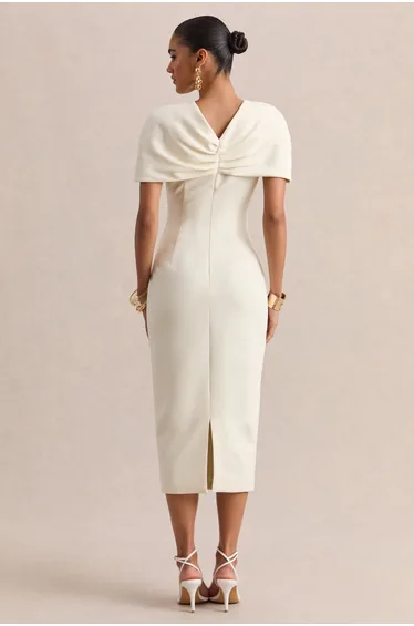 Novalie | Cream V-Neck Midi Dress With Twist-Detail