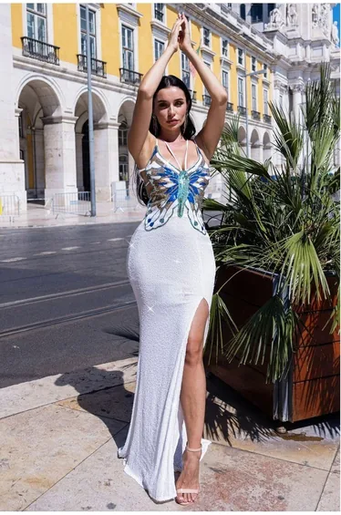 Goddiva Sequin Butterfly Front Split Maxi Dress - White