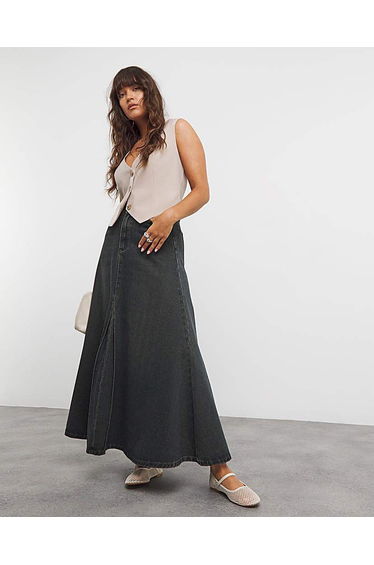 Dark Wash Box Pleat Maxi Denim Skirt