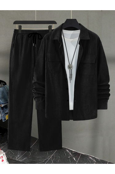 Men Black Corduroy Shirt and Pants Co-ords
