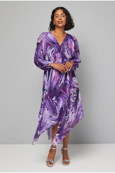 Abstract Print Pleated Asymmetric Wrap Dress